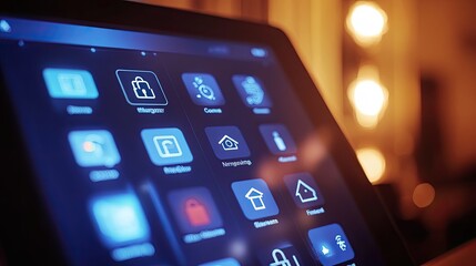 Obraz premium A close-up of a tablet screen with digital home management icons for controlling locks, cameras, and lighting.