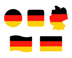 German flag symbols set. Black, red and yellow colors. Round, square, waving rectangle and german map shape vector banner. Berlin symbol.