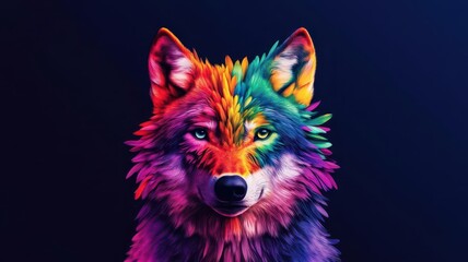 Naklejka premium Abstract colorful wolf with blue eyes on a dark background
