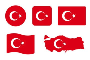 Turkey flag symbols set. Red background with moon and star . Round, square, waving rectangle and Turkish map shape vector banner. Ankara and Istanbul symbol.