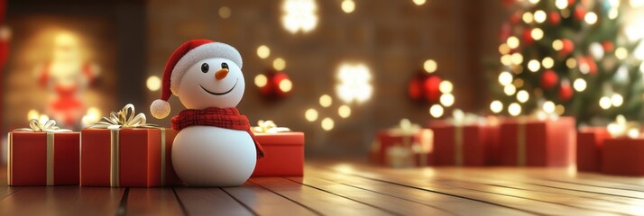 Delightful Winter Scene with a Snowman Surrounded by Christmas Gifts and Festive Cheer