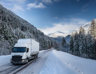 Obraz premium A white truck drives through a snowy mountain landscape, showcasing the beauty and challenges of winter driving