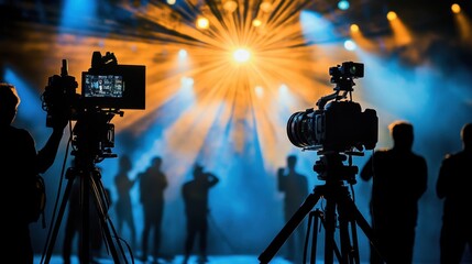 Fototapeta premium Film crew silhouettes in a dimly lit studio, preparing for a production with lights, cameras, and equipment.