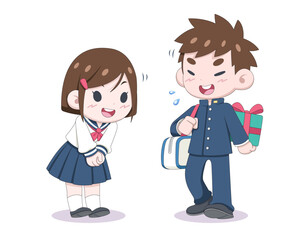 Cute style Japanese students giving gift in Valentine's Day cartoon illustration
