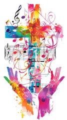 Colorful Christian Cross and Music Notes with Hands Glorifying God, Vector Illustration on White Background