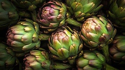 Obraz premium Freshly cut artichokes, whole and halved, captured in a natural light setting, showcasing their freshness and culinary appeal