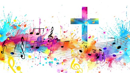 Colorful Christian Cross and Music Notes with Hands Glorifying God, Vector Illustration on White Background