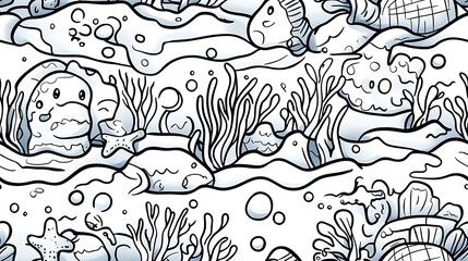 Fototapeta premium A seamless doodle pattern of an underwater paradise, featuring clusters of coral reefs, starfish, small fish schools, and seaweed gently swaying. Soft pastel colors and a calming flow,