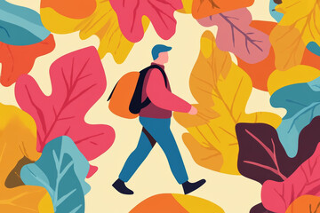 A person walks through vibrant autumn leaves in a colorful illustration showcasing the beauty of fall foliage