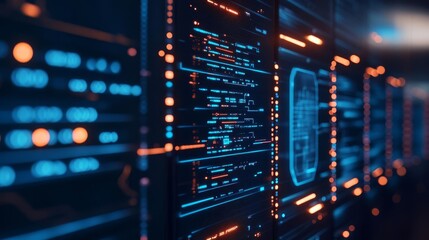 Obraz premium Quantum computer core, complex data visualizations, dark background, futuristic lab