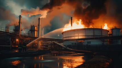 Industrial chemical tank engulfed in flames with thick black smoke, firefighters in protective gear battling the blaze at dusk, highlighting the urgency and danger of the situation.