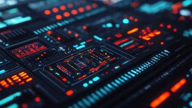 Quantum computer core, complex data visualizations, dark background, futuristic lab