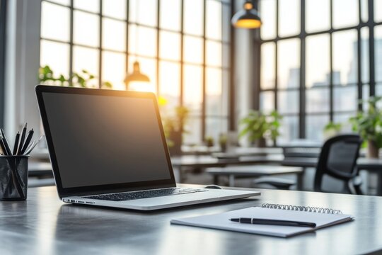 Modern Office Workspace with Laptop and Notebook - Powered by Adobe