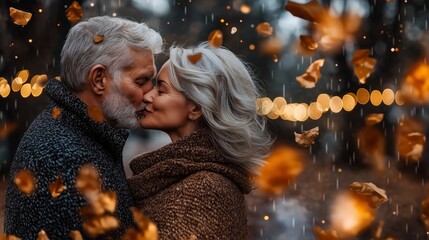 A heartwarming scene of a middle-aged couple kissing surrounded by falling leaves and warm city lights, creating a cozy and romantic moment with a sense of love and connection in the autumn atmosphere