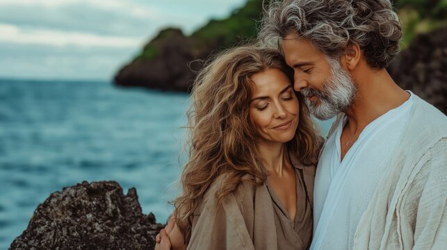A serene scene of a middle-aged couple standing close by the ocean, sharing a peaceful and intimate moment, with a calm blue sea and rocky coastline creating a romantic and tranquil atmosphere - Powered by Adobe