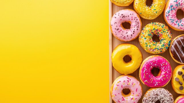 Colorful assorted donuts on a yellow background, perfect for sweet cravings or dessert themed projects.