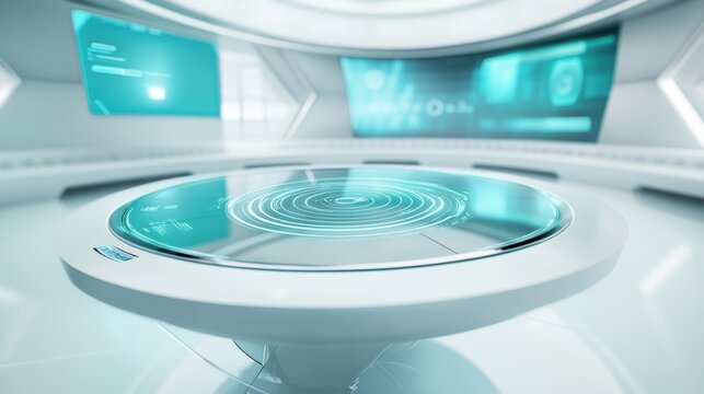 Glass round table in a futuristic meeting room with screens for presentations and video calls, set in a minimalist space.