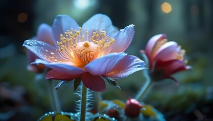 Delicate petals gleam with dew in the serenity of nature's beauty