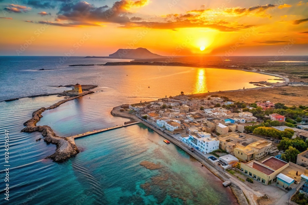 Wall mural sunset over stagnone di marsale with favignana island in background from bird's eye view