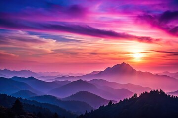 Sunset over the mountains with purple and pink background silhouette