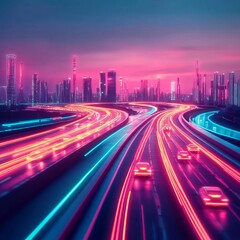 Fototapeta premium Smart traffic management, neon-lit highway, AI-controlled vehicles