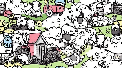 A seamless farm doodle pattern, showing tractors plowing fields, barns stacked with hay bales, and farm animals like sheep and horses. Lively,