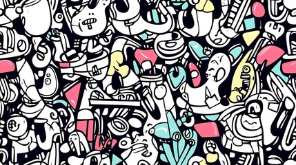 A seamless music festival doodle pattern, showing a mix of instruments like trumpets, bass guitars, and tambourines, with abstract shapes and lighting effects. Light,