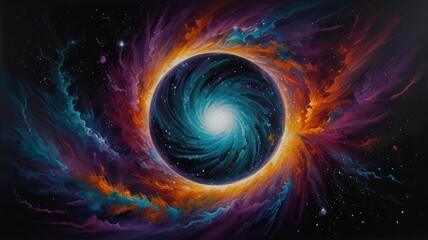 A swirling galaxy with a bright white core surrounded by a ring of orange, blue, and purple clouds, set against a dark background with a smattering of stars.