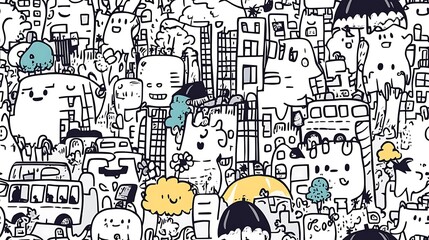 Obraz premium A seamless pattern of a bustling city, including skyscrapers, streetlights, crowded buses, and people with umbrellas on a rainy day.