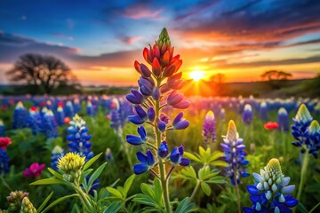 Fototapeta premium Sunset view of Texas wildflower bluebonnet and indian paintbrush in a tilted angle