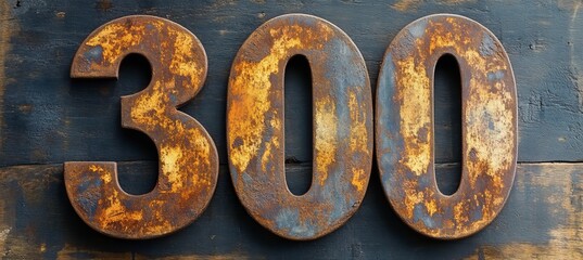 Rusty Number 300 On Rustic Wood Background, Concept Three Hundredth Anniversary Old Number