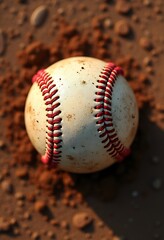 Top view closeup of dirty baseball on the ground, sports concept