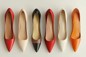 Fototapeta premium A colorful selection of women's shoes showcases various styles, emphasizing comfort and elegance. Perfect for casual outings or formal events, these shoes meet diverse fashion needs.