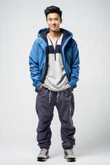 Naklejka premium Smiling man in a blue color casual outfit standing in a studio