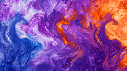 Colorful marbled paint effect with vibrant purple and orange swirls, representing creativity and abstract beauty. 