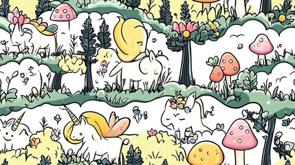 A seamless pattern of a lively fantasy forest, including fairies dancing, unicorns prancing, and glowing mushrooms scattered across the forest floor.
