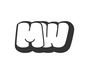 MW logo, bubble comic lettering, rounded in graffiti style black and white silhouette. Trendy preschool M and W letter text for festival party, personal initials, children funky print and web.