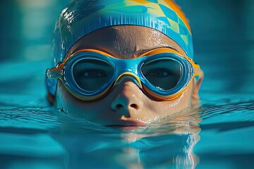 Naklejka premium Close-up of swimmer's face in pool. Perfect for articles about swimming, sports, or summer fun.