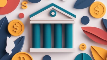 A stylized illustration of a bank building surrounded by colorful leaves and coins, symbolizing finance and investment concepts.