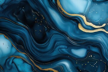 Swirls of deep blue and light turquoise shades flow together, interspersed with bright gold
