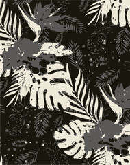 Vector seamless tropical pattern with palm tree and leaves on striped background. Vector floral illustration for textile, print, wallpapers, wrapping.