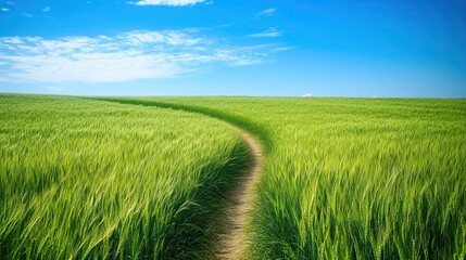 Fototapeta premium A narrow path winds its way through tall, green wheat fields towards the horizon