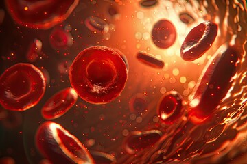  Close-up of red blood cells flowing through a narrow vessel, illuminated by soft light