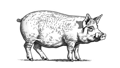 Pig, hog, boar. Vintage retro print, black white pig sketch ink pencil style drawing, linear drawing, engrave old school. Sketch artwork silhouette pig, hog, boar. Side view profile. Illustration