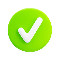 3d cartoon bright green circular check mark icon on white background. Design element for approval, validation or confirmation. Indicating tasks completed, selections or approvals. Vector illustration.