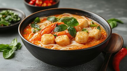 Singaporean Laksa: A spicy laksa noodle soup with prawns, tofu puffs