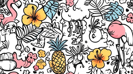 A seamless pattern of a lively tropical paradise, including flamingos, pineapples, coconuts, hibiscus flowers, and tropical leaves arranged in a playful and orderly manner.