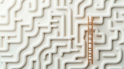 Abstract 3D maze structure with a wooden ladder leading out, representing concept of finding solutions or overcoming challenges in a complex pattern.