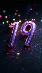 Sparkling Celebration Number 19 in Glittering Purple, on a Black Background with Confetti