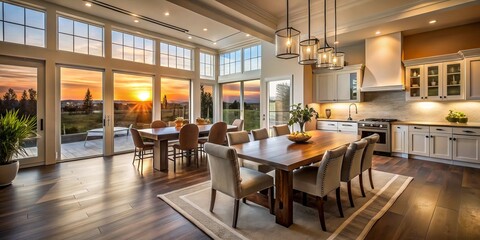 Stylish open-plan luxury dining room and kitchen, enhanced by striking silhouette photography, ideal for contemporary homes craving a chic and welcoming ambiance.